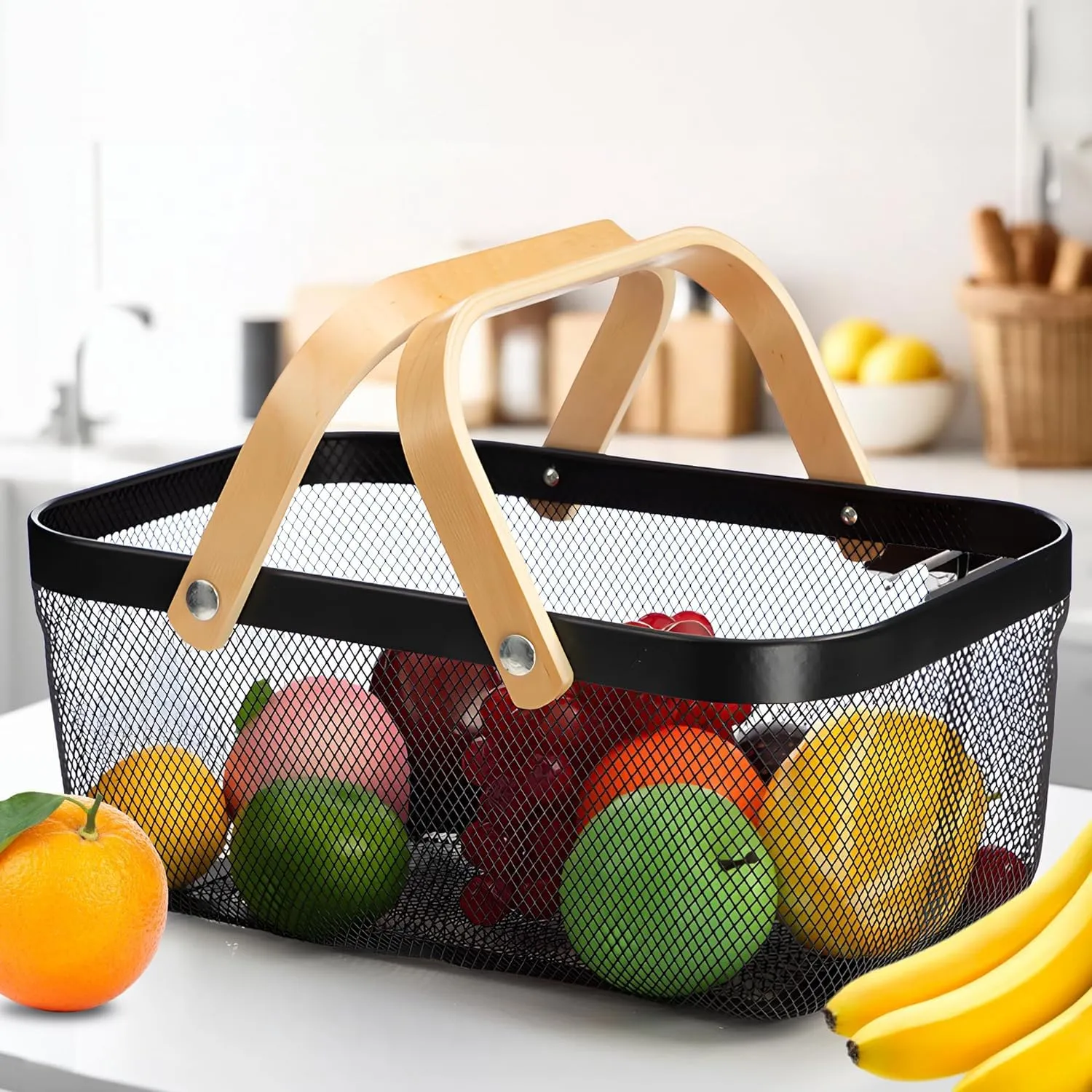 Kuber Industries Rectangular Metal Mesh Basket for Storage with wooden handle | 720gm | Fruit Basket for Kitchen | Kitchen Organizer | Baskets for Organizing Home | Multipurpose | Black