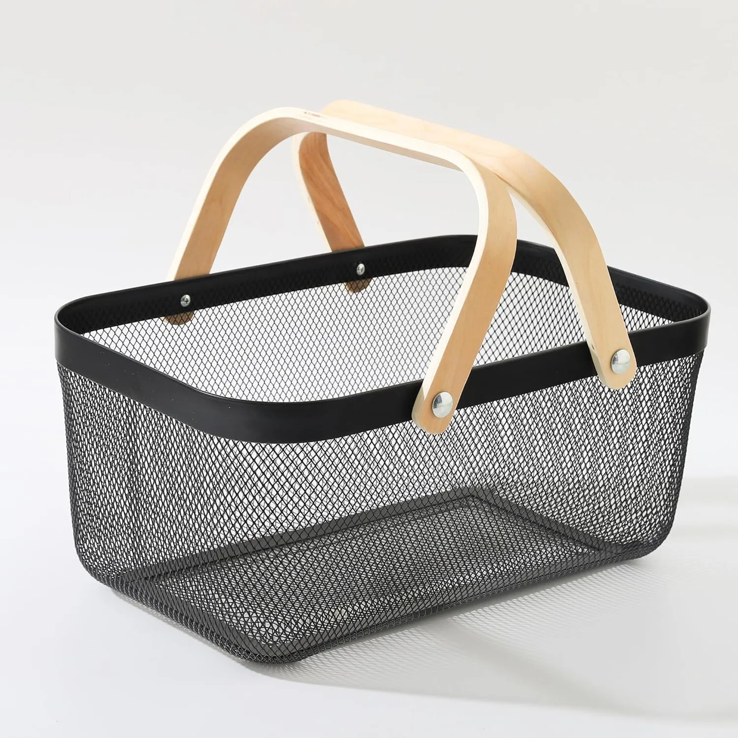 Kuber Industries Rectangular Metal Mesh Basket for Storage with wooden handle | 720gm | Fruit Basket for Kitchen | Kitchen Organizer | Baskets for Organizing Home | Multipurpose | Black