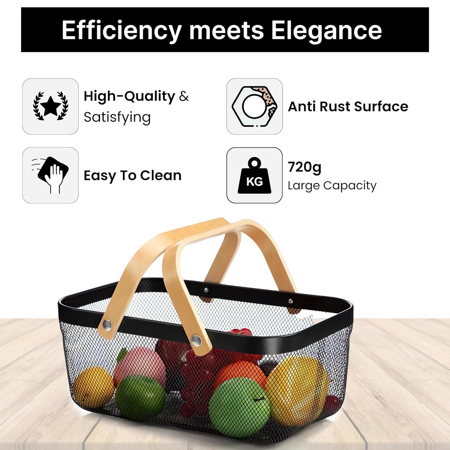 Kuber Industries Rectangular Metal Mesh Basket for Storage with wooden handle | 720gm | Fruit Basket for Kitchen | Kitchen Organizer | Baskets for Organizing Home | Multipurpose | Black