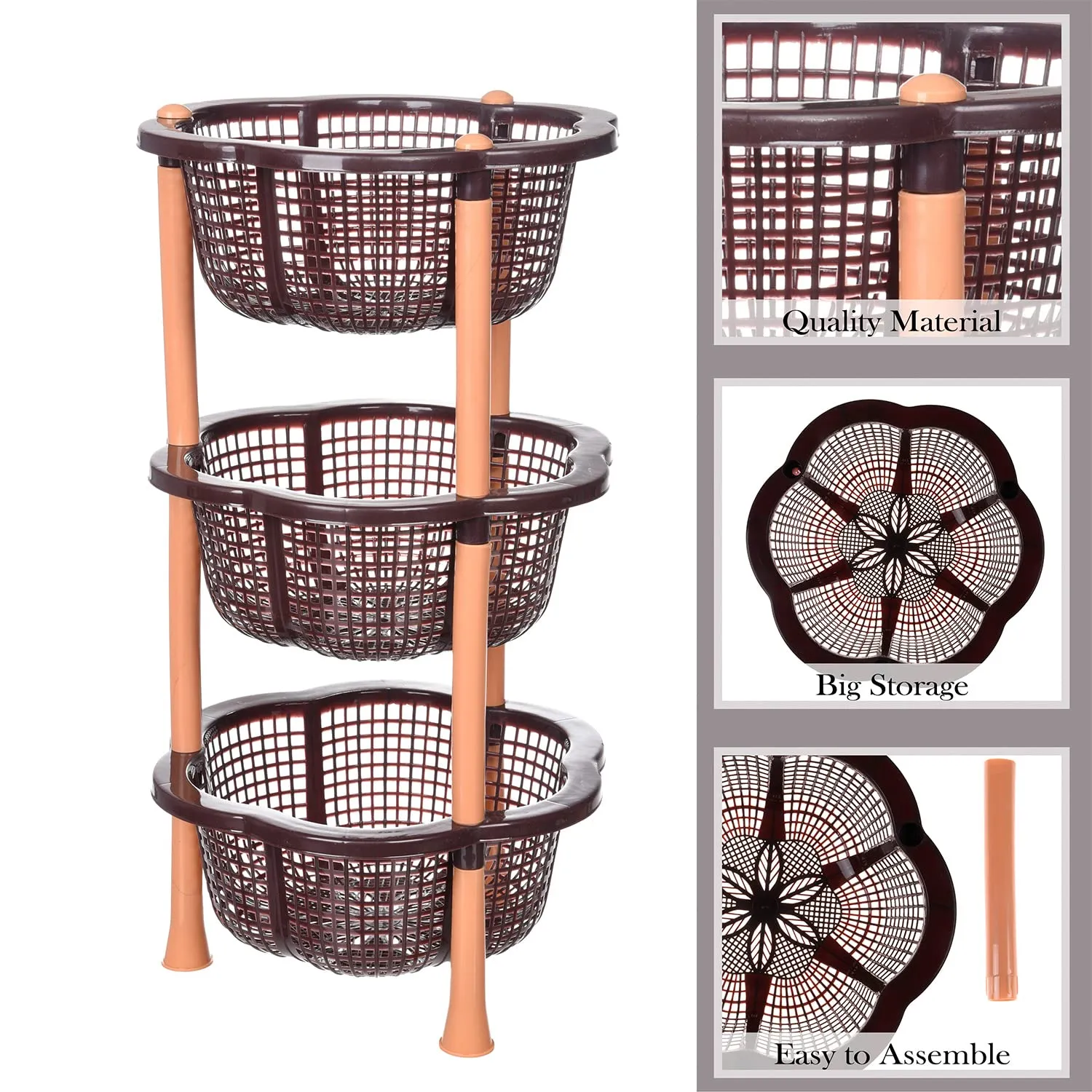 Kuber Industries Storage Basket | Plastic 3 Layer Kitchen Storage Basket | Storage Rack for Kitchen | Multi-Layer Vegetable Rack | Desire Floor-Standing Rack | Brown