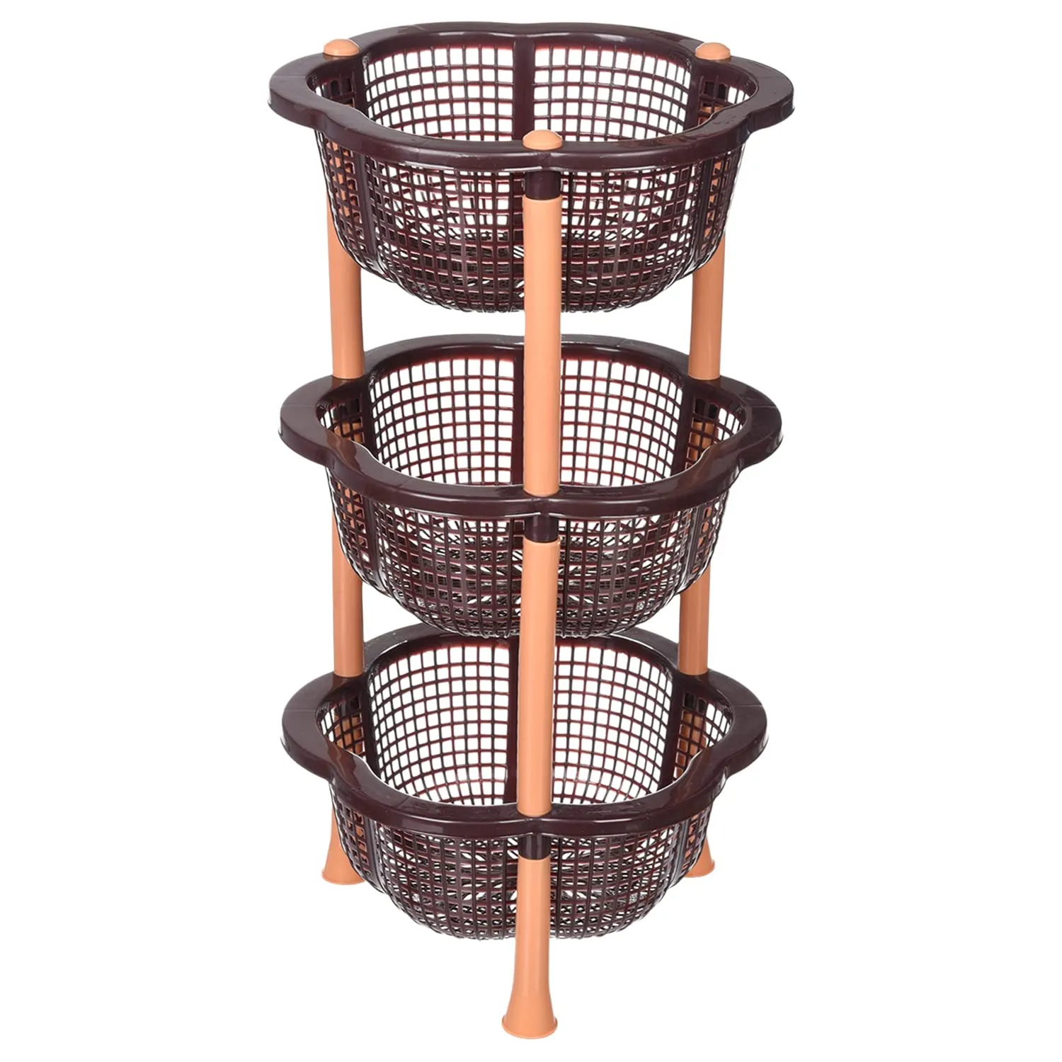 Kuber Industries Storage Basket | Plastic 3 Layer Kitchen Storage Basket | Storage Rack for Kitchen | Multi-Layer Vegetable Rack | Desire Floor-Standing Rack | Brown