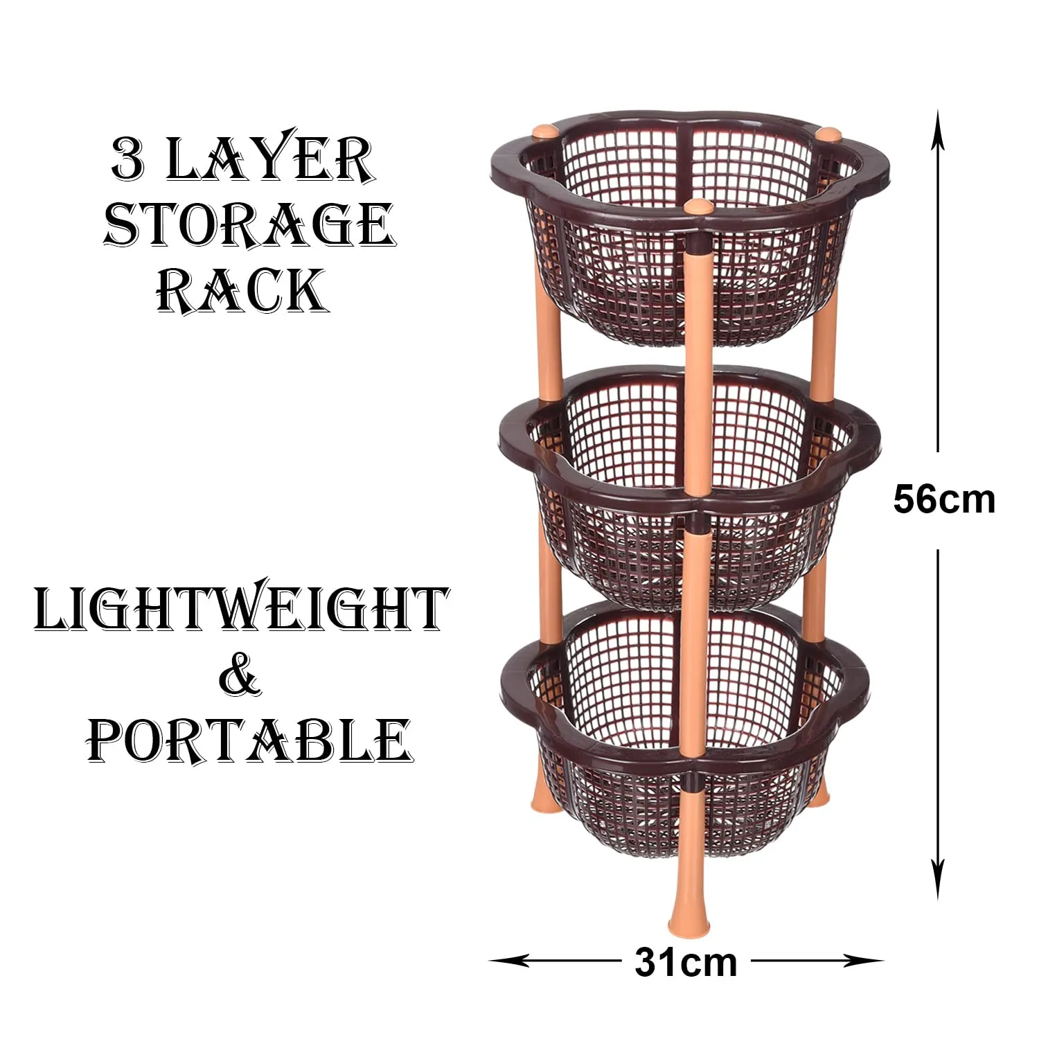 Kuber Industries Storage Basket | Plastic 3 Layer Kitchen Storage Basket | Storage Rack for Kitchen | Multi-Layer Vegetable Rack | Desire Floor-Standing Rack | Brown