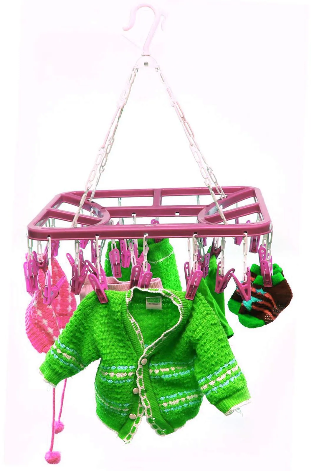 Kuber IndustriesCloth Drying Hanger Rack (32 Clips)|360 Degree Portable & Rotatable Clips|Space Saving Travel & Durable Plastic|Size 40 x 38 x 30 cm (Pink)-KUBMART15537