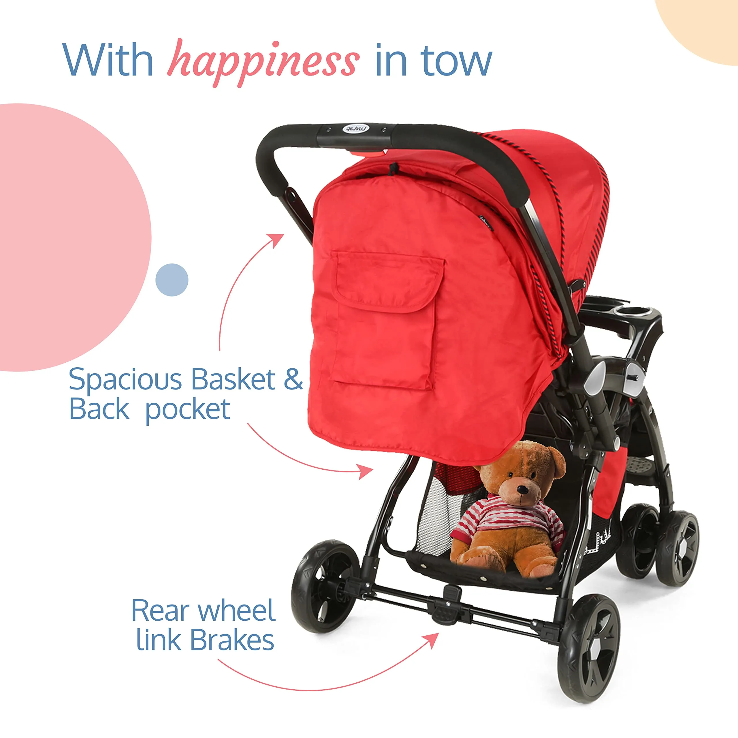 LuvLap Galaxy Baby Stroller, Pram For Baby With 5 Point Safety Harness, Spacious Cushioned Seat With Multi Level Seat Recline, Easy Fold, Lightweight Baby Stroller For 0 To 3 Years (Red & Black)