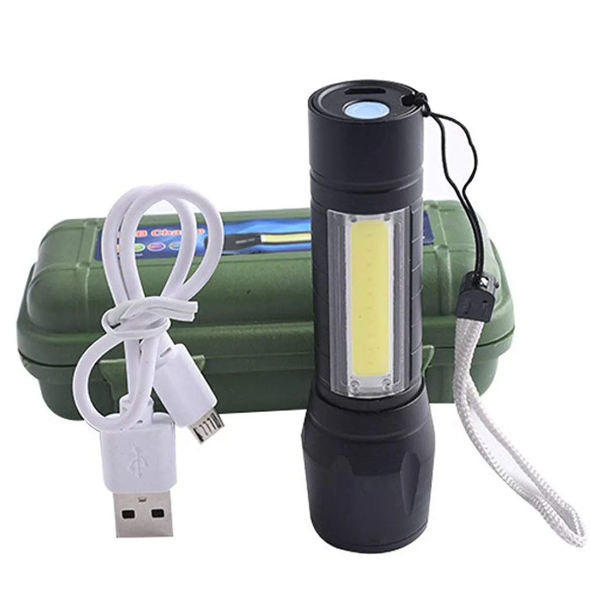 Metal Flashlight Rechargeable Torch with Built in Battery   Desk Lamp with Carry Box Focus Zoom Torch Light with 3 Modes Adjustable for Emergency, Camping etc.