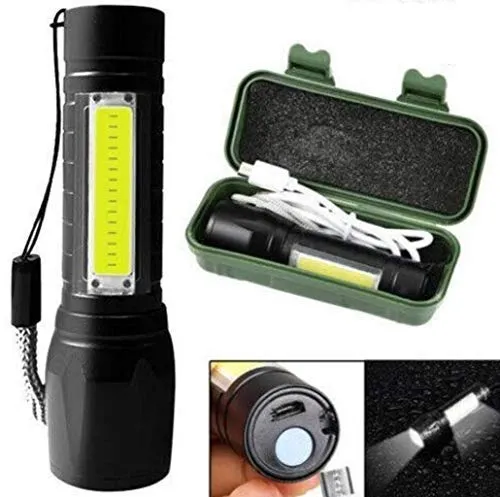 Metal Flashlight Rechargeable Torch with Built in Battery   Desk Lamp with Carry Box Focus Zoom Torch Light with 3 Modes Adjustable for Emergency, Camping etc.