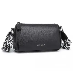 Miss Lulu Lightweight Genuine Leather Crossbody Bag - Elegant Wide Strap Design, Black