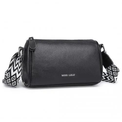 Miss Lulu Lightweight Genuine Leather Crossbody Bag - Elegant Wide Strap Design, Black