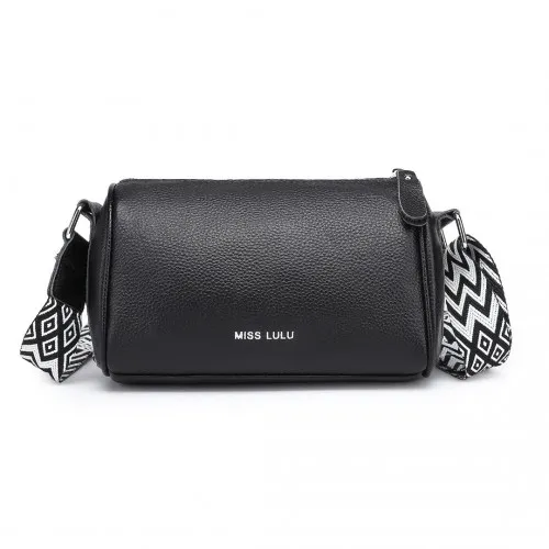 Miss Lulu Lightweight Genuine Leather Crossbody Bag - Elegant Wide Strap Design, Black