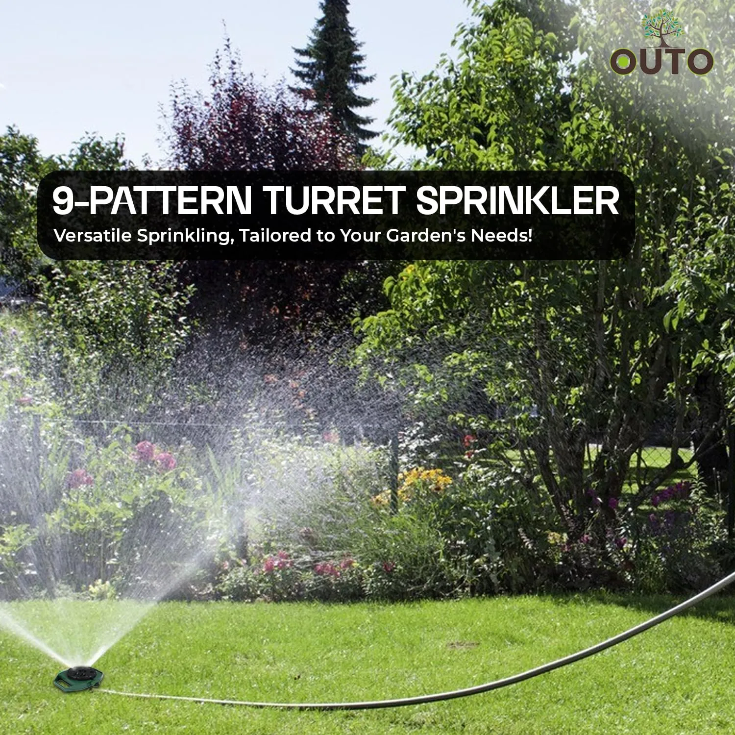 OUTO Garden Sprinkler 8 Spray Patterns Large Area Coverage Adjustable Water Pressure Sprayer for Watering Plants Outdoor Lawn Yard Irrigation System