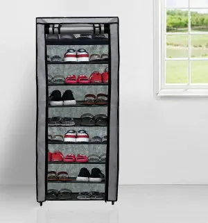 PHILOSHOP Multipurpose Collapsible 9 layers Metal Shoe Rack, Shoe Storage Stand with Fabric Cover for Home & Office (Grey, Metal)