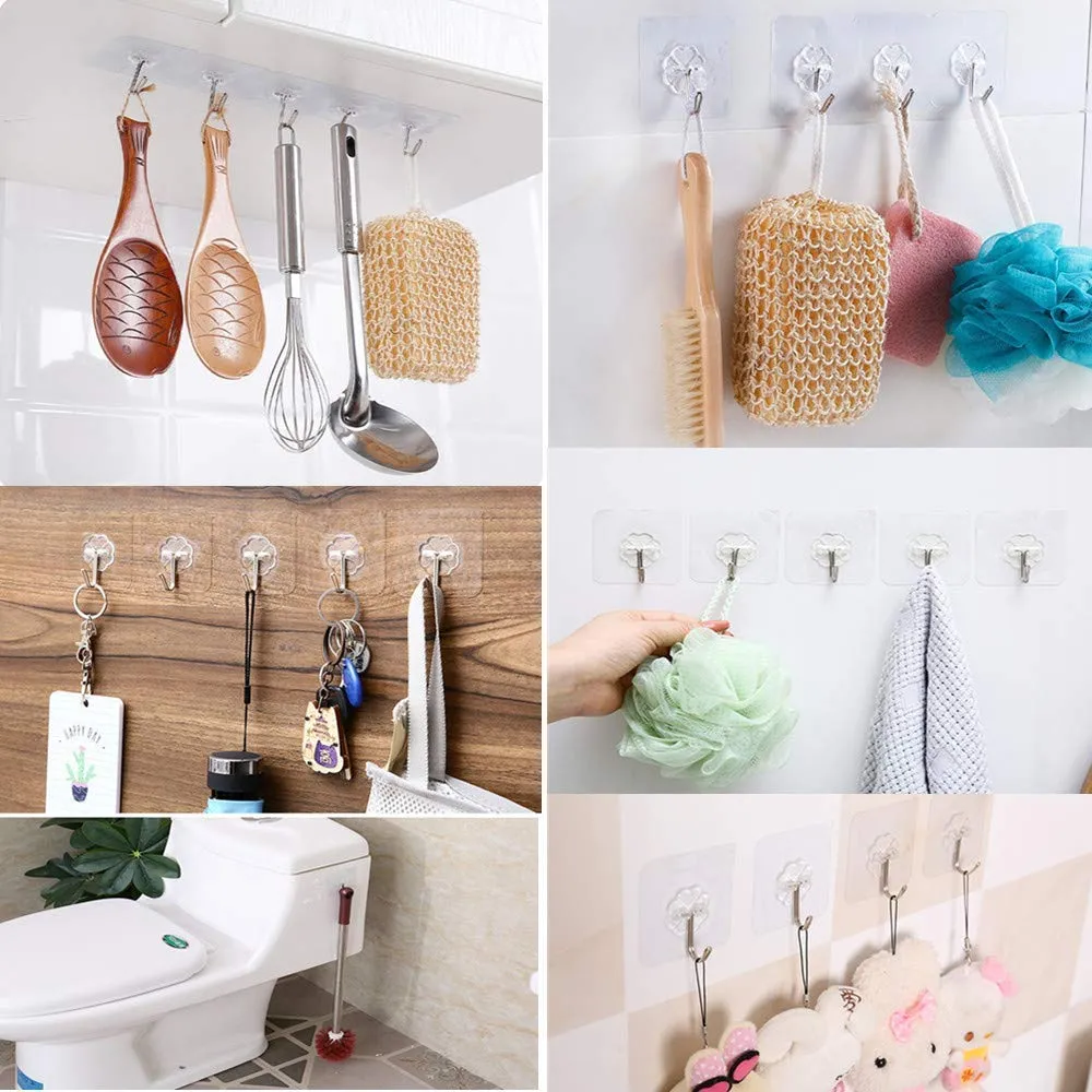 RAXON™ Pack of 15PC Self Adhesive Plastic Wall Hooks, Heavy Duty Sticky Hooks for Hanging 10KG Waterproof Transparent Adhesive Hooks for Wall, Wall Hangers for Kitchen Bathroom Bedroom Accessories