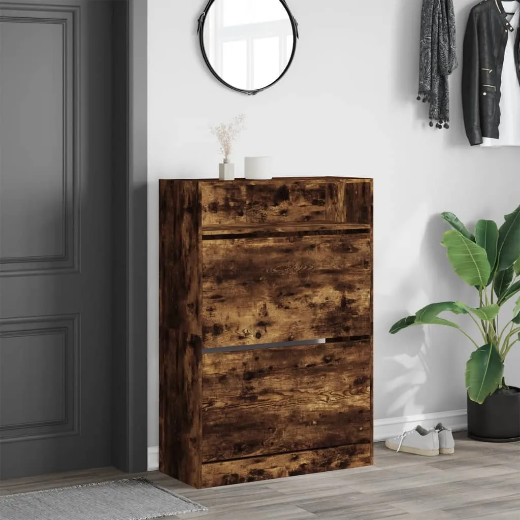 Shoe Cabinet with 2 Flip-Drawers Smoked Oak 80x34x116 cm