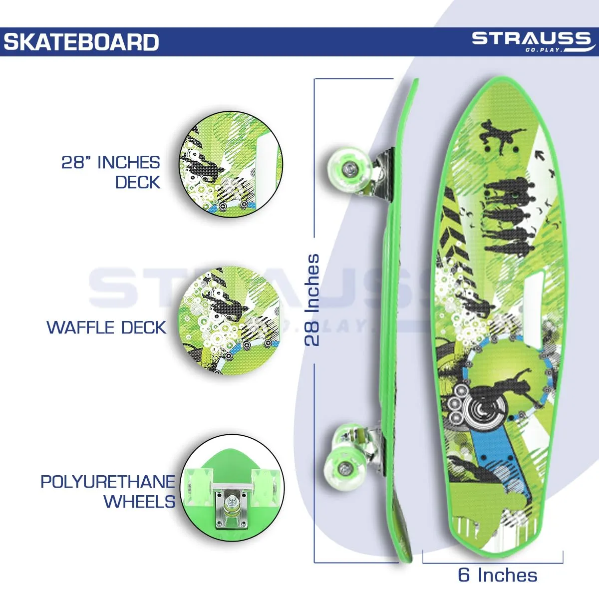 STRAUSS Cruiser Fishboard| Penny Skateboard| Casterboard| Anti-Skid Board with ABEC-7 High Precision Bearings| PU Wheel with Light| Ideal for 8 Years and Above (28 X 6 Inch), (Vibrant Green)