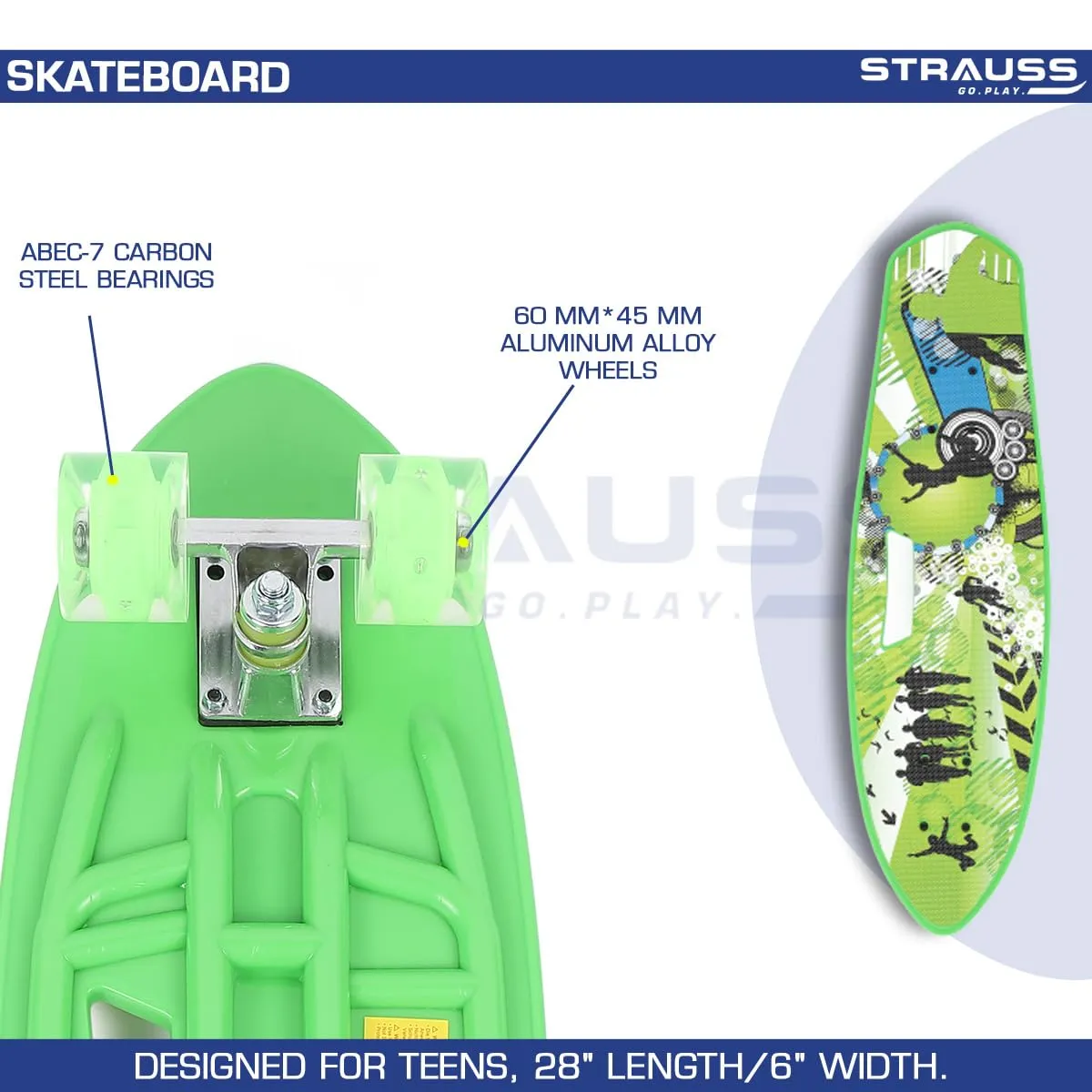 STRAUSS Cruiser Fishboard| Penny Skateboard| Casterboard| Anti-Skid Board with ABEC-7 High Precision Bearings| PU Wheel with Light| Ideal for 8 Years and Above (28 X 6 Inch), (Vibrant Green)