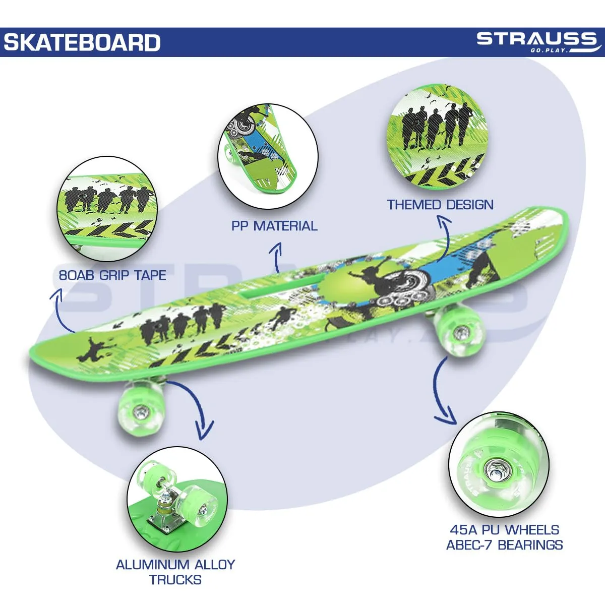 STRAUSS Cruiser Fishboard| Penny Skateboard| Casterboard| Anti-Skid Board with ABEC-7 High Precision Bearings| PU Wheel with Light| Ideal for 8 Years and Above (28 X 6 Inch), (Vibrant Green)