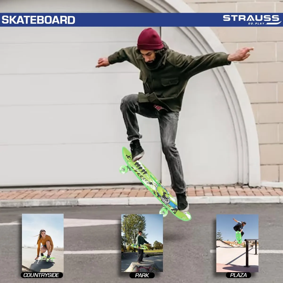 STRAUSS Cruiser Fishboard| Penny Skateboard| Casterboard| Anti-Skid Board with ABEC-7 High Precision Bearings| PU Wheel with Light| Ideal for 8 Years and Above (28 X 6 Inch), (Vibrant Green)