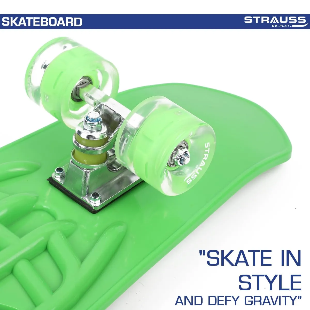 STRAUSS Cruiser Fishboard| Penny Skateboard| Casterboard| Anti-Skid Board with ABEC-7 High Precision Bearings| PU Wheel with Light| Ideal for 8 Years and Above (28 X 6 Inch), (Vibrant Green)