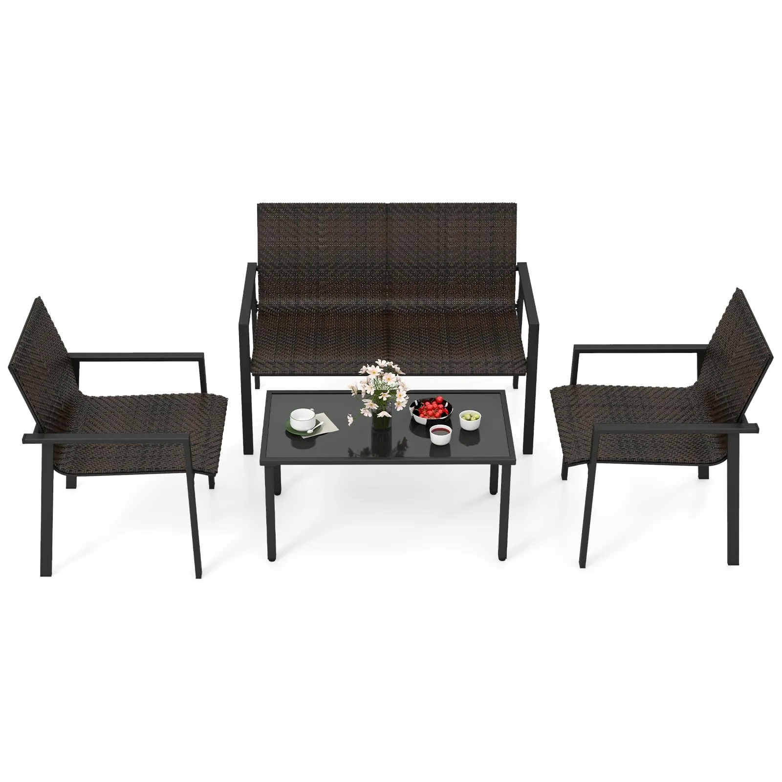 Tangkula 4 Pieces Patio Furniture Set, Patiojoy Heavy Duty Galvanized Metal Frame Outdoor Wicker Table and Chairs Set