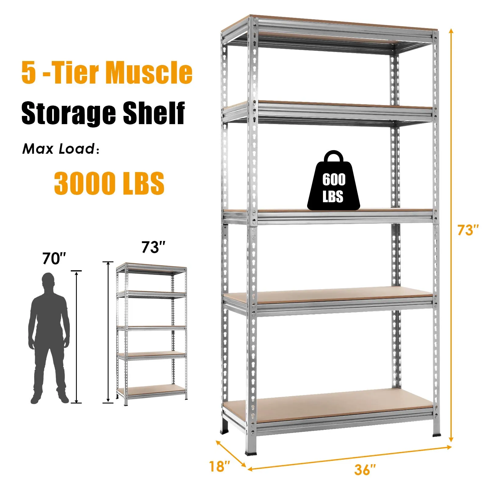 Tangkula 5-Tier Steel Storage Shelves, 73" Heavy Duty Garage Shelf with Adjustable Shelves