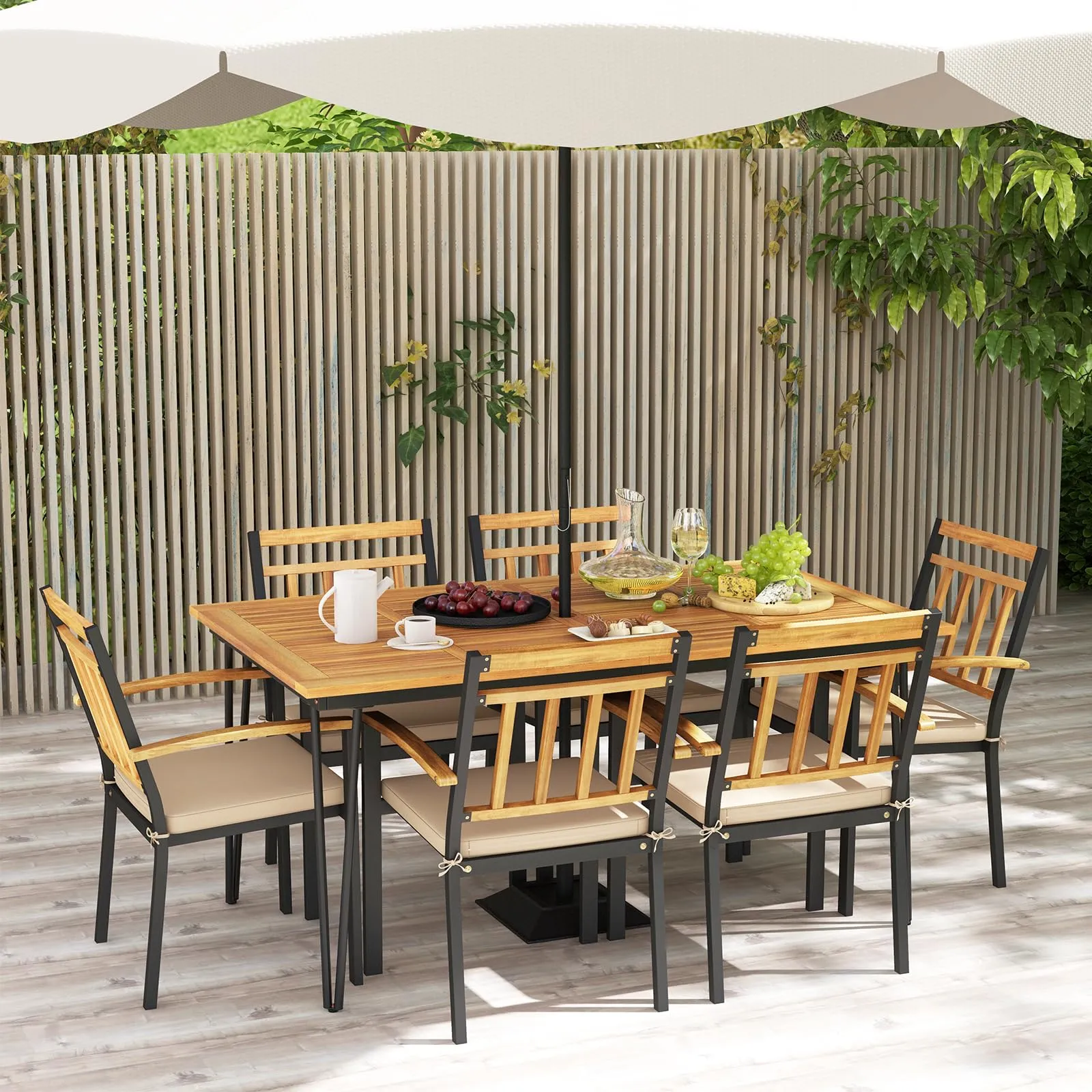 Tangkula 7 Pieces Patio Dining Set with Acacia Wood Dining Table & Armchairs, Soft Cushions, 2” Umbrella Hole