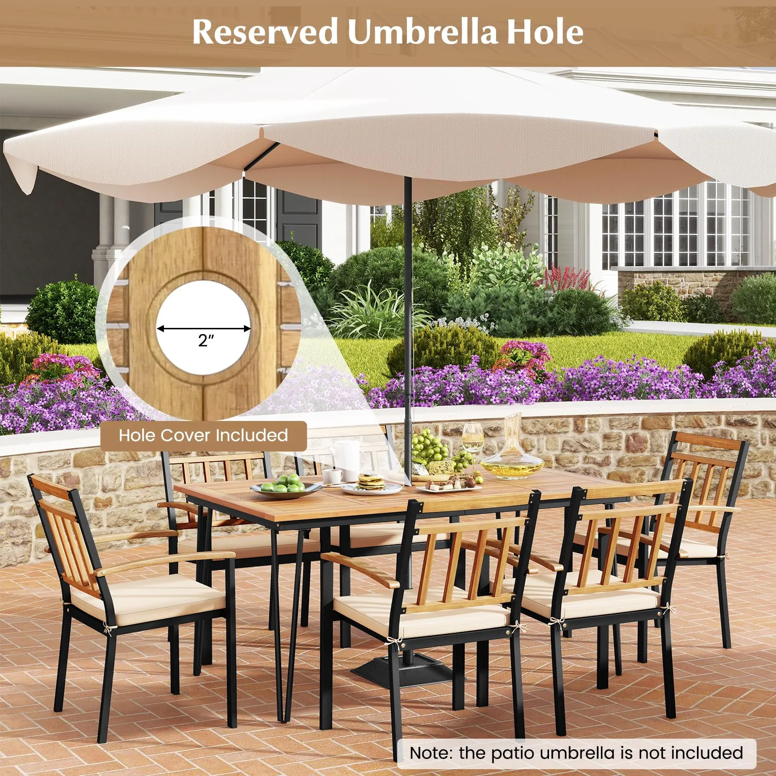 Tangkula 7 Pieces Patio Dining Set with Acacia Wood Dining Table & Armchairs, Soft Cushions, 2” Umbrella Hole