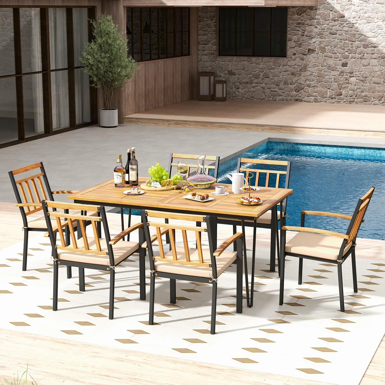 Tangkula 7 Pieces Patio Dining Set with Acacia Wood Dining Table & Armchairs, Soft Cushions, 2” Umbrella Hole