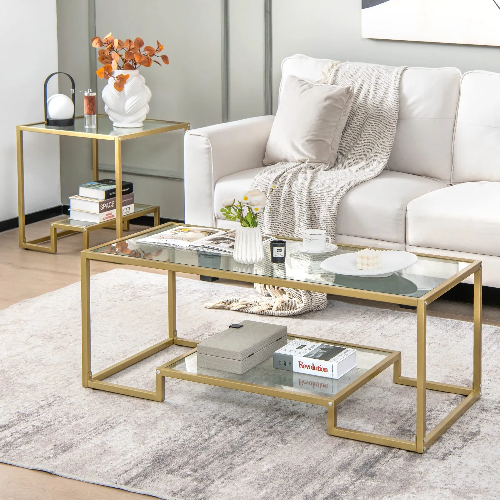 Tangkula Coffee Table Set of 2, Living Room Accent Table Set Includes Modern Deluxe Center Table & Square End Table