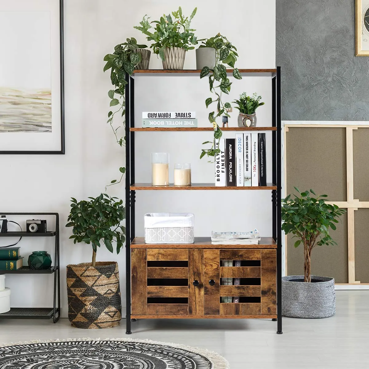 Tangkula Industrial Bookshelf and Bookcase, with 3 Shelves and 2 Louvered Doors,Rustic Brown