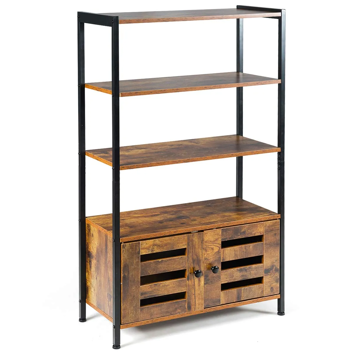 Tangkula Industrial Bookshelf and Bookcase, with 3 Shelves and 2 Louvered Doors,Rustic Brown