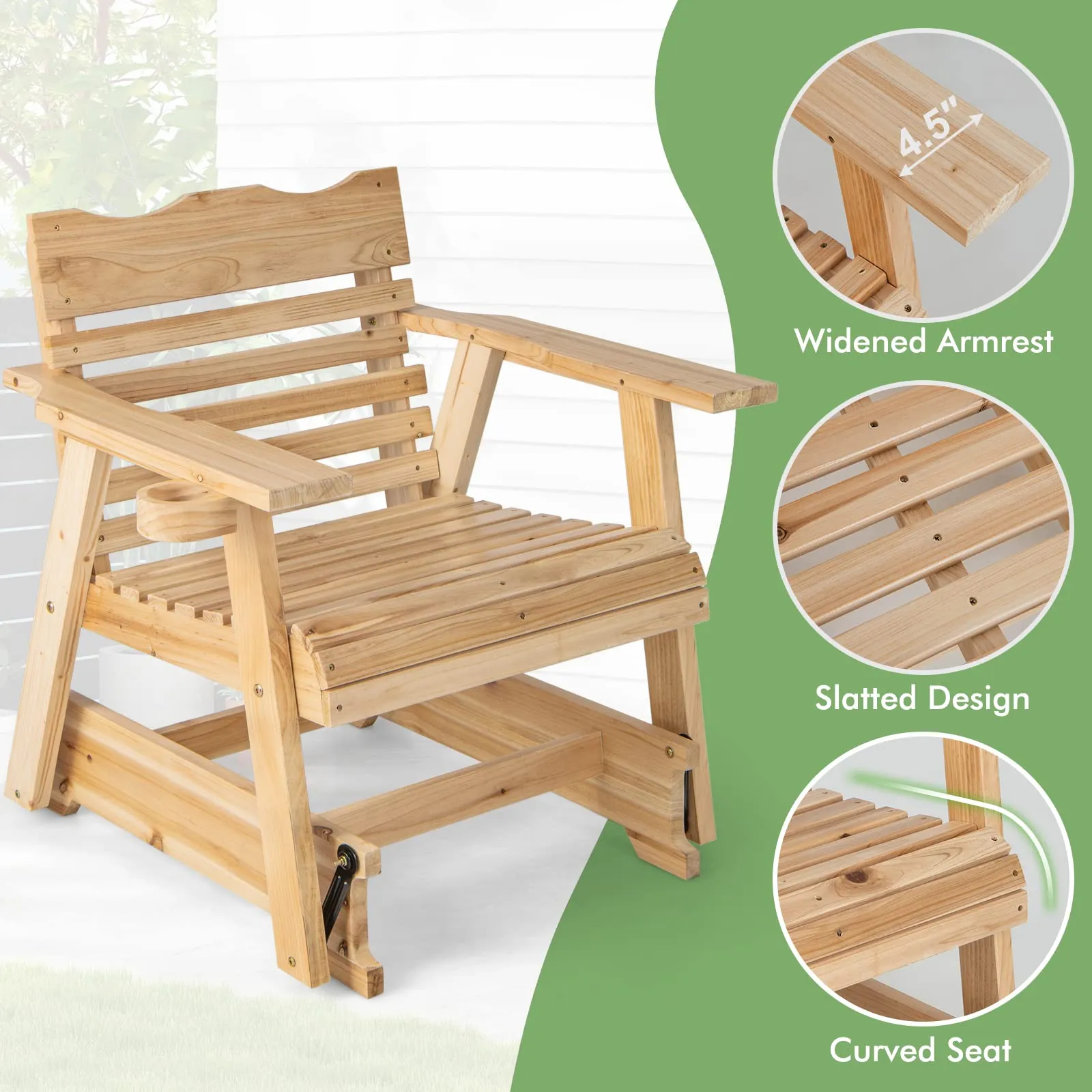 Tangkula Outdoor Fir Wood Glider Chair, Outdoor Swing Chair with Rotatable Hidden Cup Holder