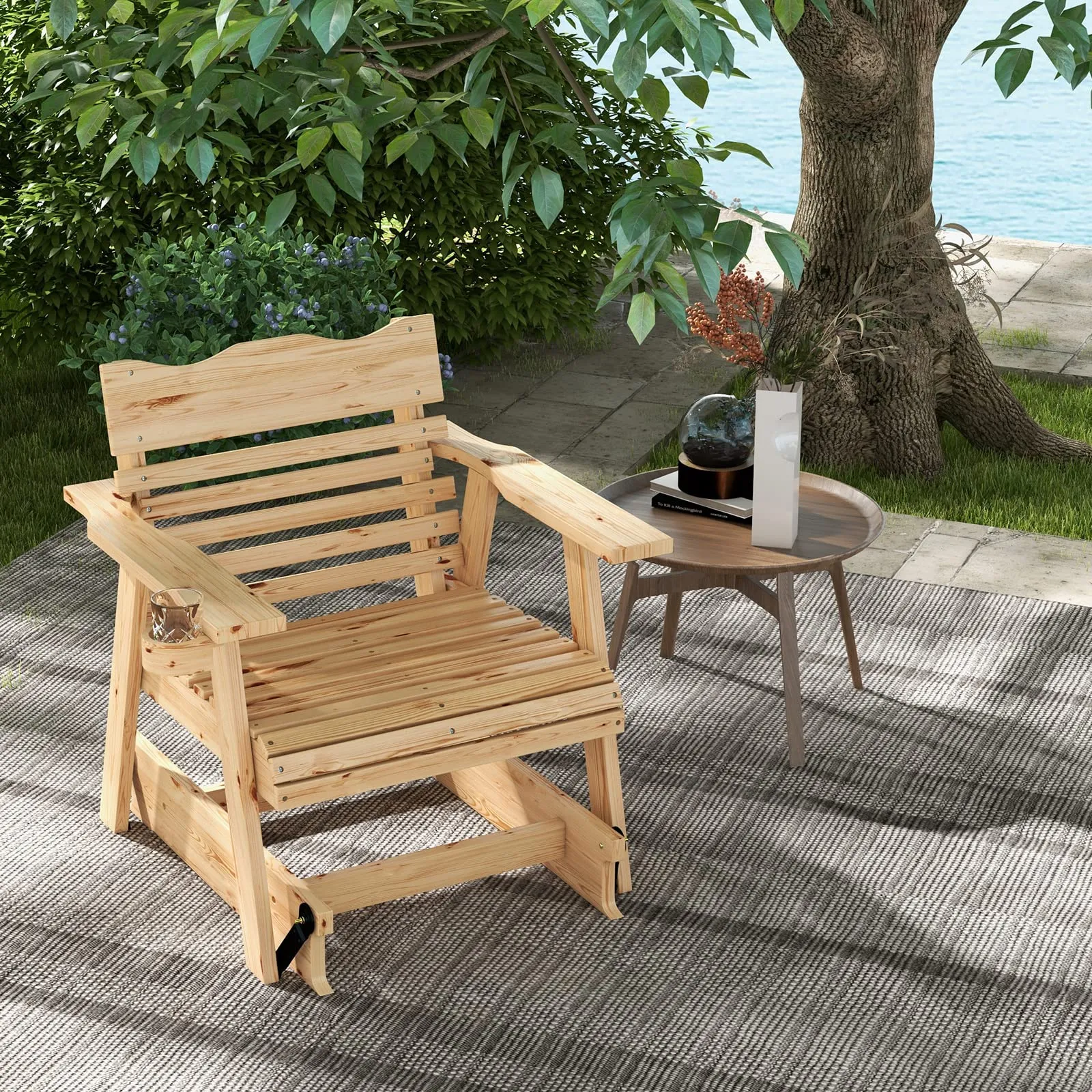 Tangkula Outdoor Fir Wood Glider Chair, Outdoor Swing Chair with Rotatable Hidden Cup Holder