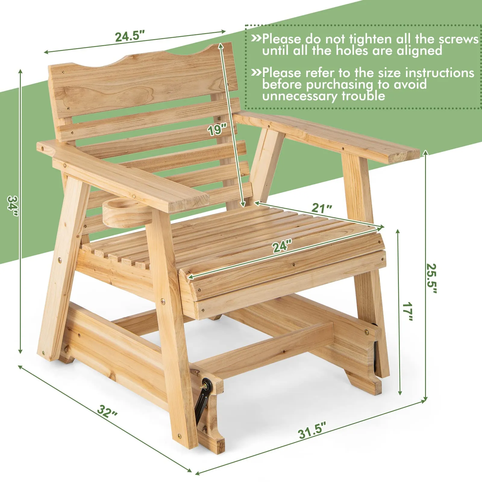 Tangkula Outdoor Fir Wood Glider Chair, Outdoor Swing Chair with Rotatable Hidden Cup Holder