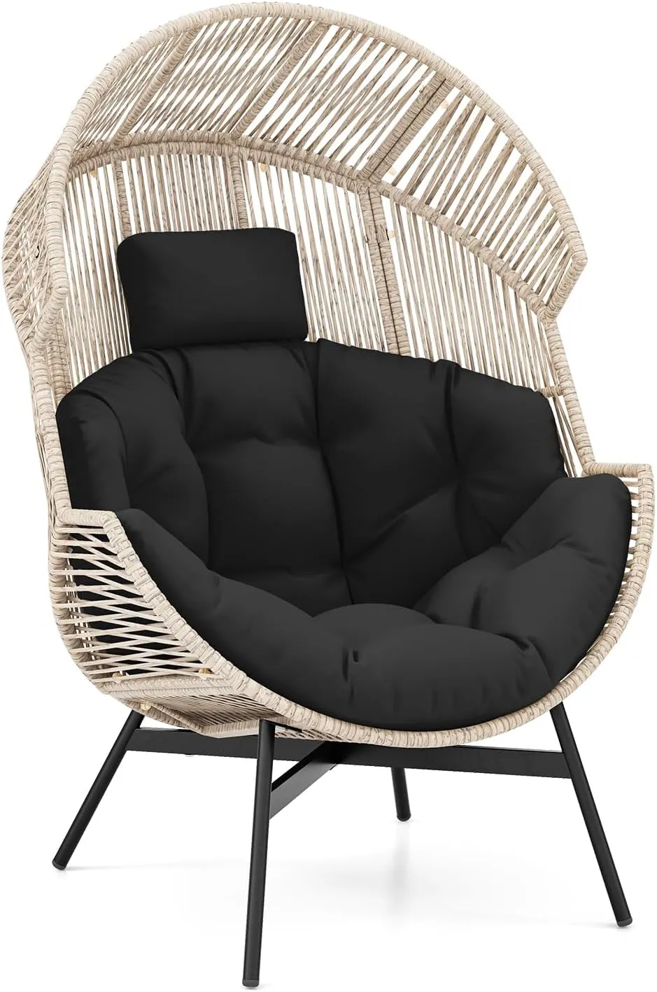 Tangkula Oversized Egg Style Chair, Wicker Stationary Patio Egg Chair w/Cushions & Headres