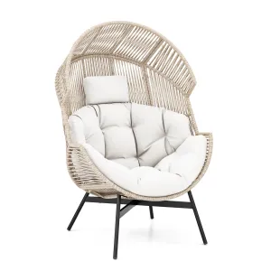 Tangkula Oversized Egg Style Chair, Wicker Stationary Patio Egg Chair w/Cushions & Headres