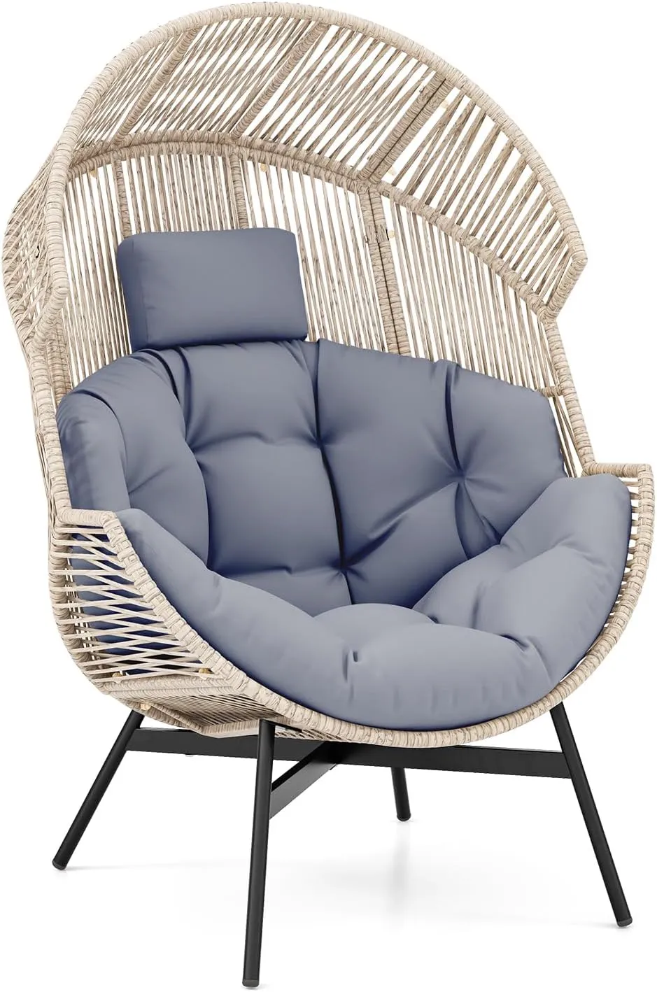 Tangkula Oversized Egg Style Chair, Wicker Stationary Patio Egg Chair w/Cushions & Headres