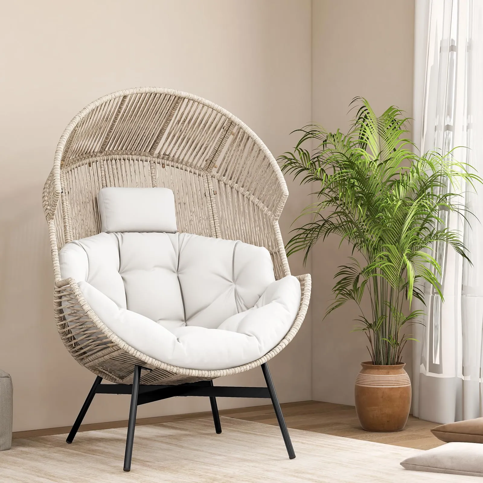 Tangkula Oversized Egg Style Chair, Wicker Stationary Patio Egg Chair w/Cushions & Headres