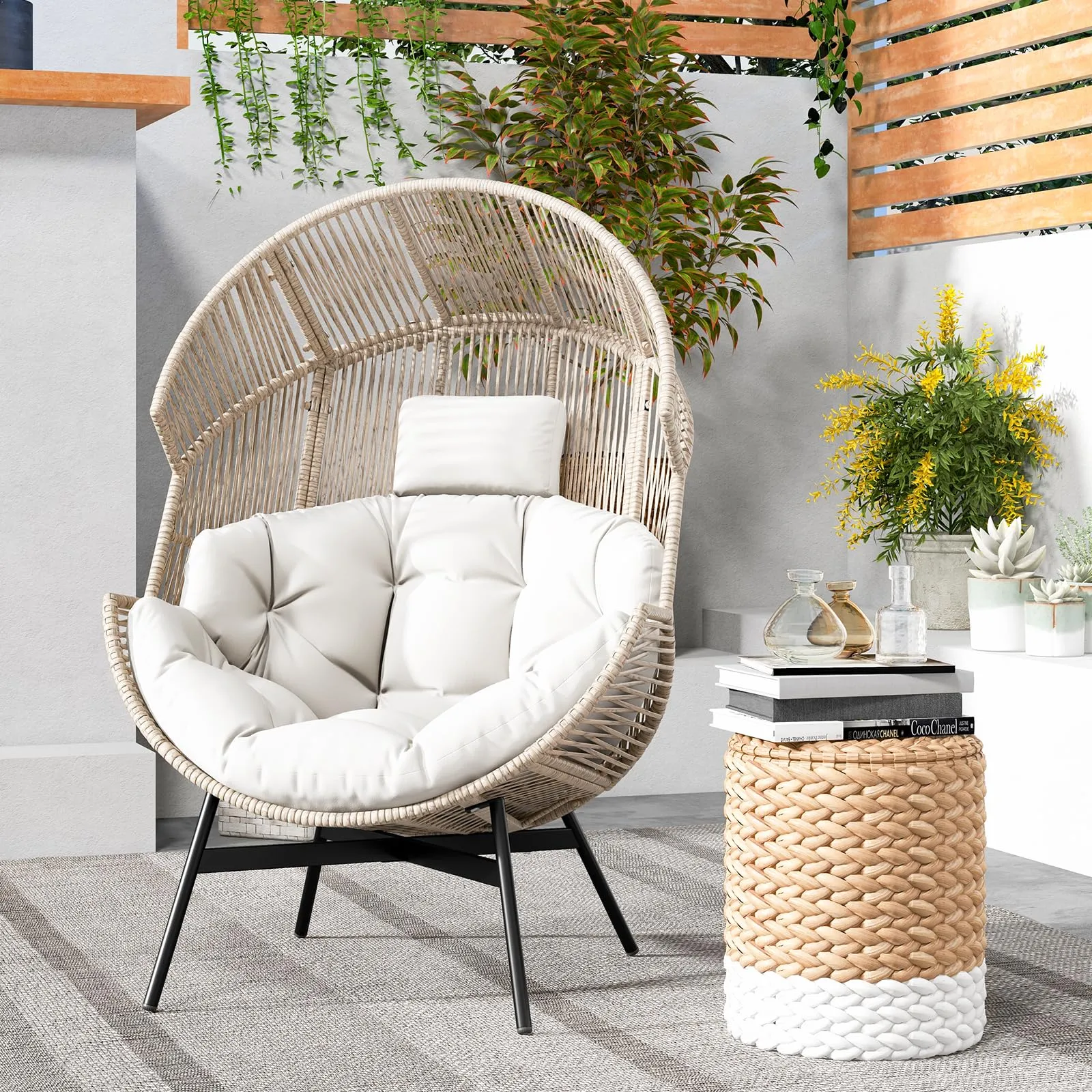 Tangkula Oversized Egg Style Chair, Wicker Stationary Patio Egg Chair w/Cushions & Headres