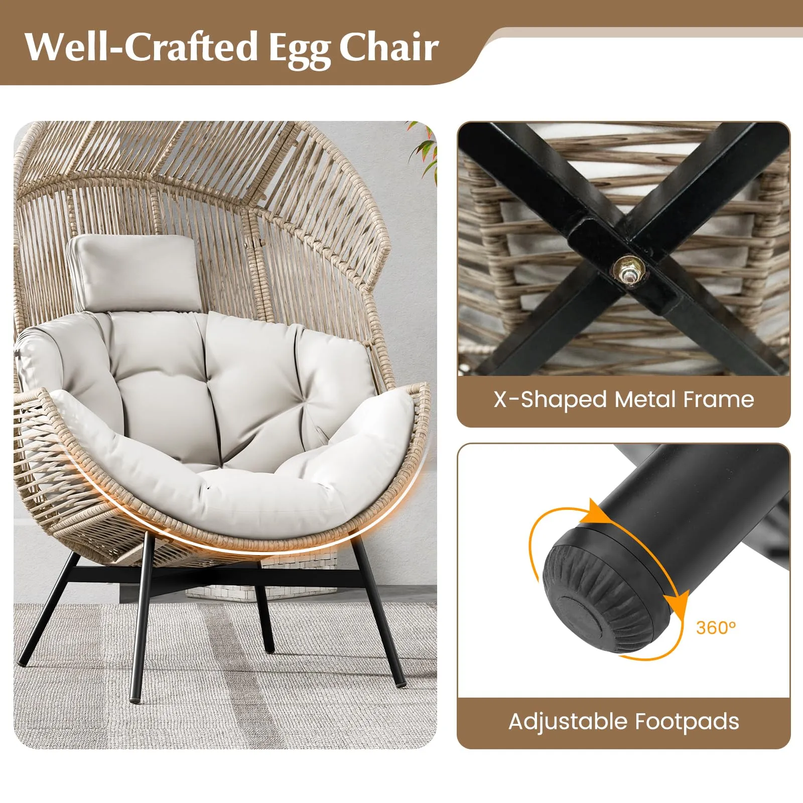 Tangkula Oversized Egg Style Chair, Wicker Stationary Patio Egg Chair w/Cushions & Headres