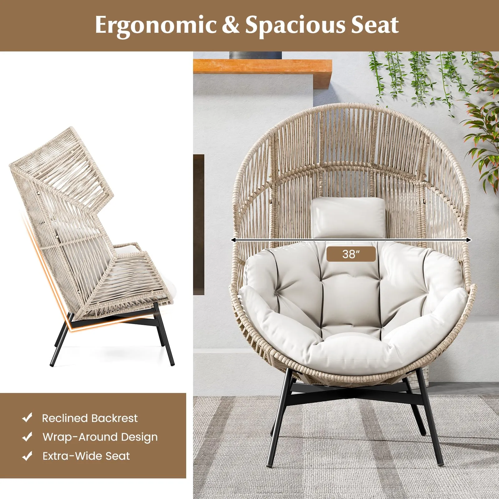 Tangkula Oversized Egg Style Chair, Wicker Stationary Patio Egg Chair w/Cushions & Headres