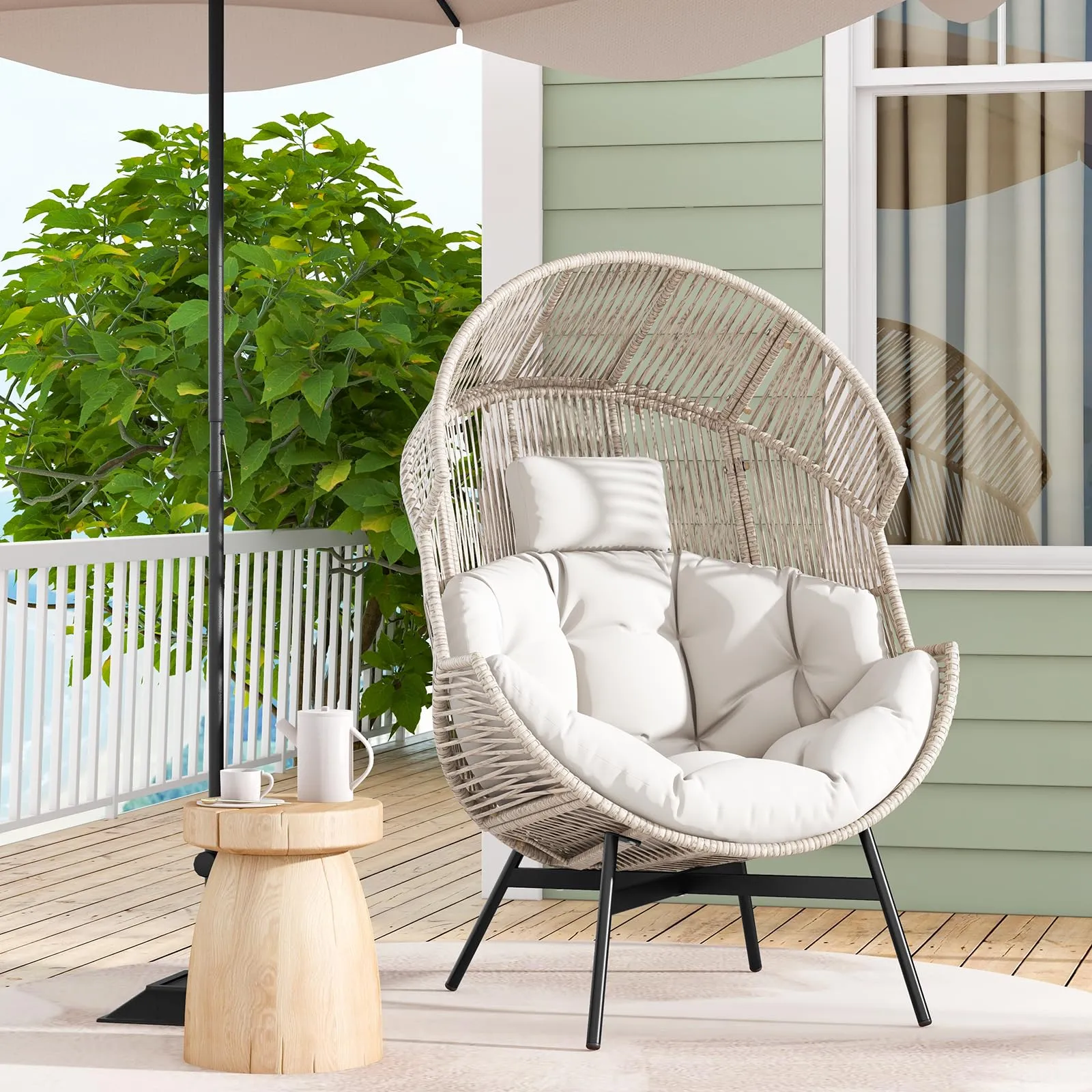 Tangkula Oversized Egg Style Chair, Wicker Stationary Patio Egg Chair w/Cushions & Headres