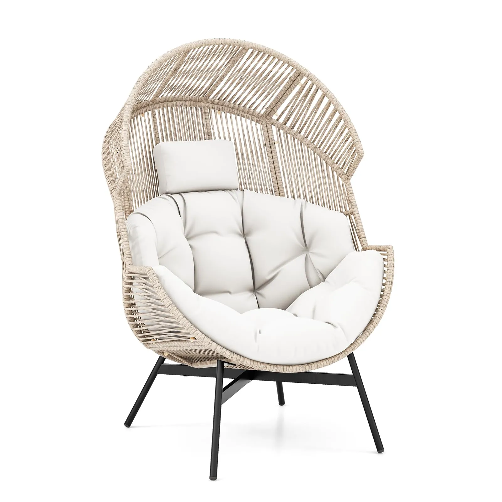 Tangkula Oversized Egg Style Chair, Wicker Stationary Patio Egg Chair w/Cushions & Headres