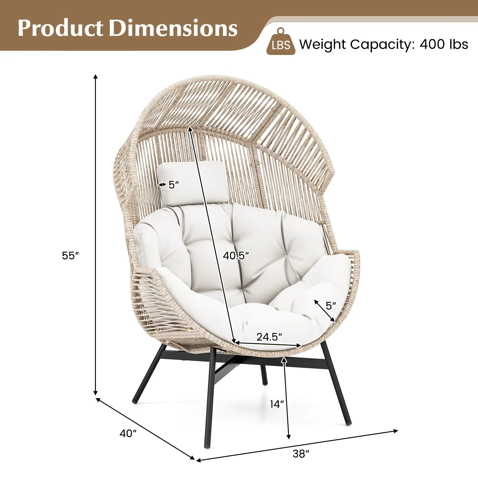 Tangkula Oversized Egg Style Chair, Wicker Stationary Patio Egg Chair w/Cushions & Headres