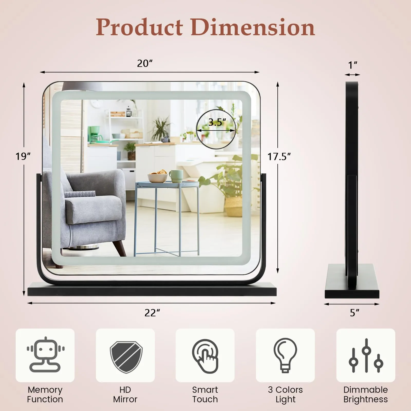 Tangkula Vanity Mirror with LED Lights, 22" x19" Lighted Mirror w/Dimmable 3 Color Modes