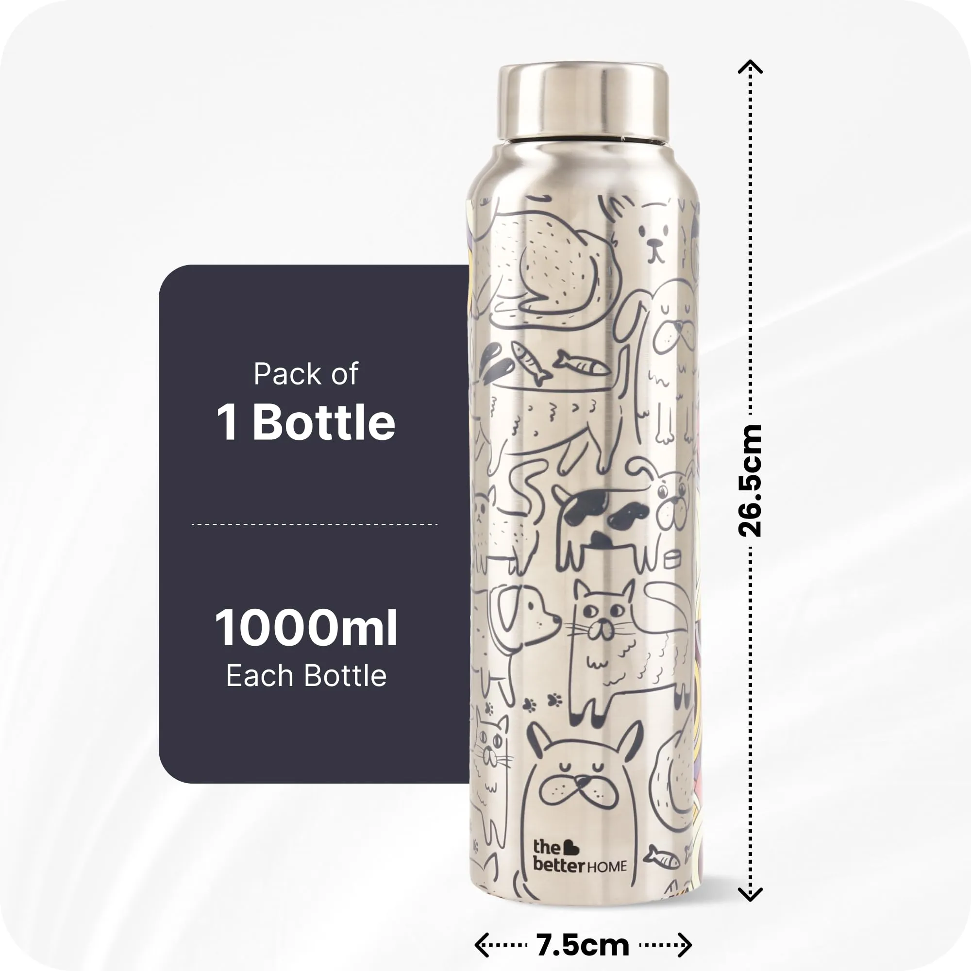 The Better Home Stainless Steel 1L Water Bottle | Gym Water Bottle For Men | Travel Bottle For Adults/Kids/School/Office | Water Bottle For Kids (Doodle)