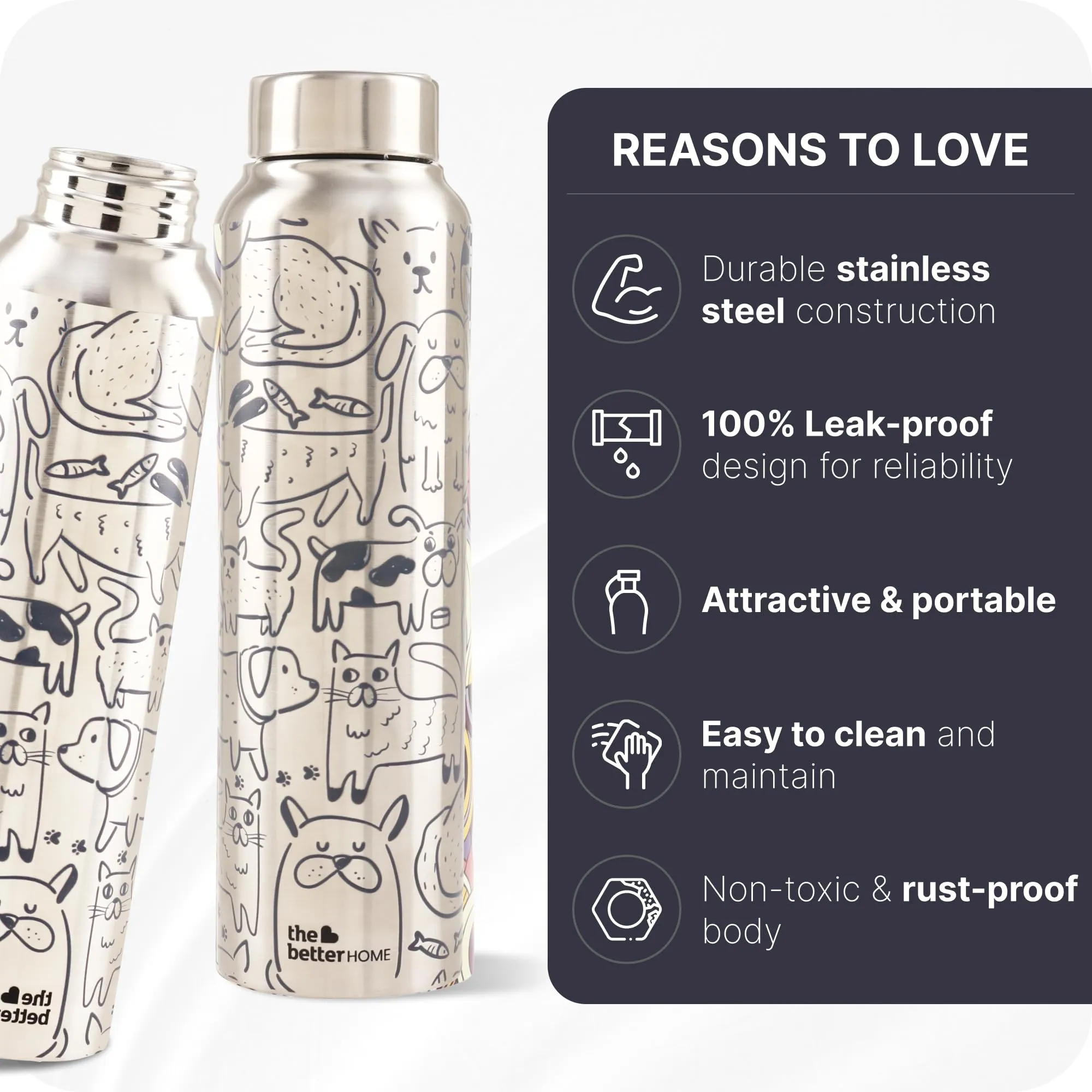 The Better Home Stainless Steel 1L Water Bottle | Gym Water Bottle For Men | Travel Bottle For Adults/Kids/School/Office | Water Bottle For Kids (Doodle)