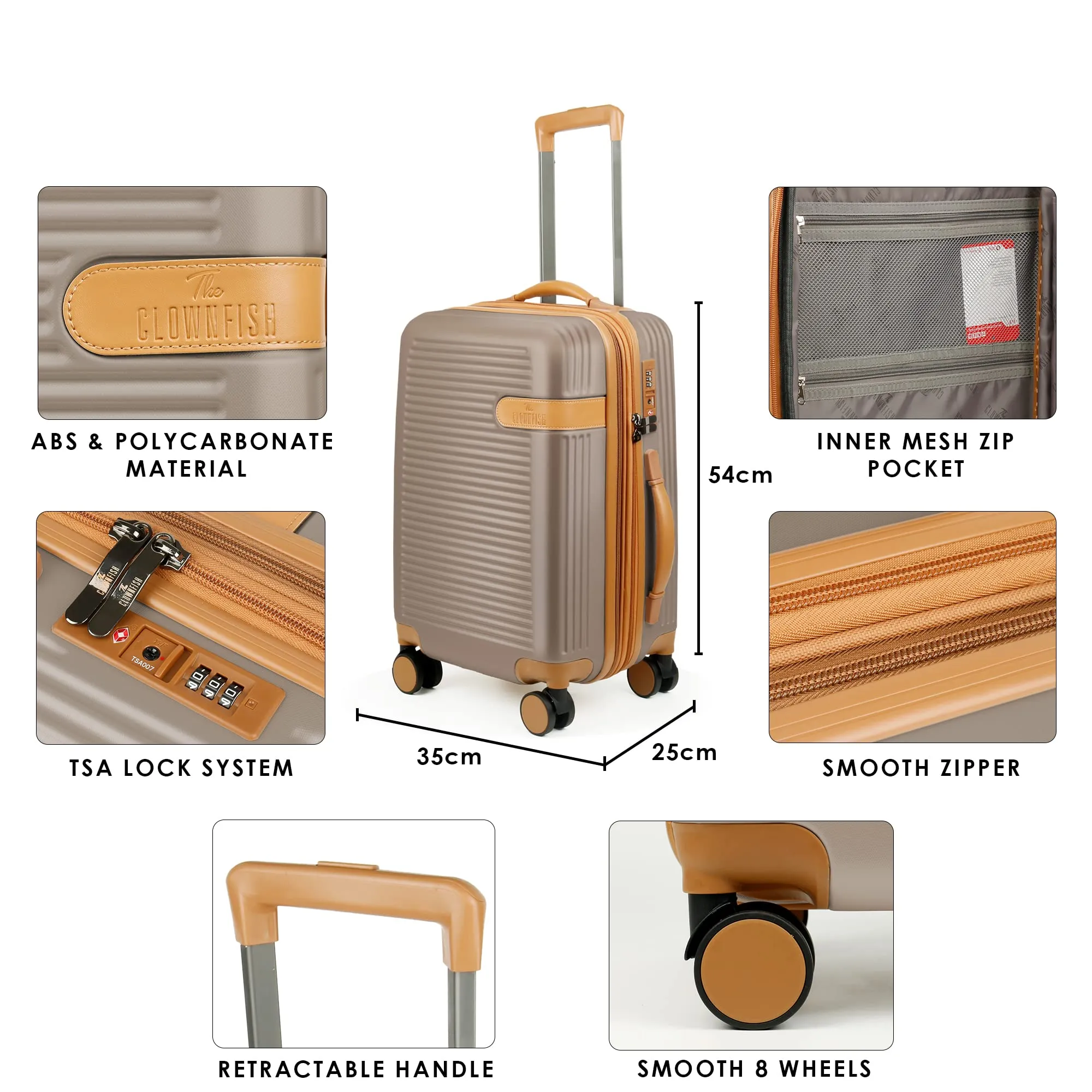 THE CLOWNFISH Kenzo Series Expandable Luggage ABS & Polycarbonate Exterior Hard Case Suitcase Eight Wheel Trolley Bag with TSA Lock- Champagne (Small size, 54 cm-21 inch)