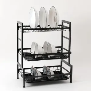 UMAI Free Mounting Dish Rack 3-Layer | Kitchen Utensil Organizer with Drain Pan | Multi-Purpose Storage | Strong and Durable Stainless Steel Construction | Space Saving Design (Black)