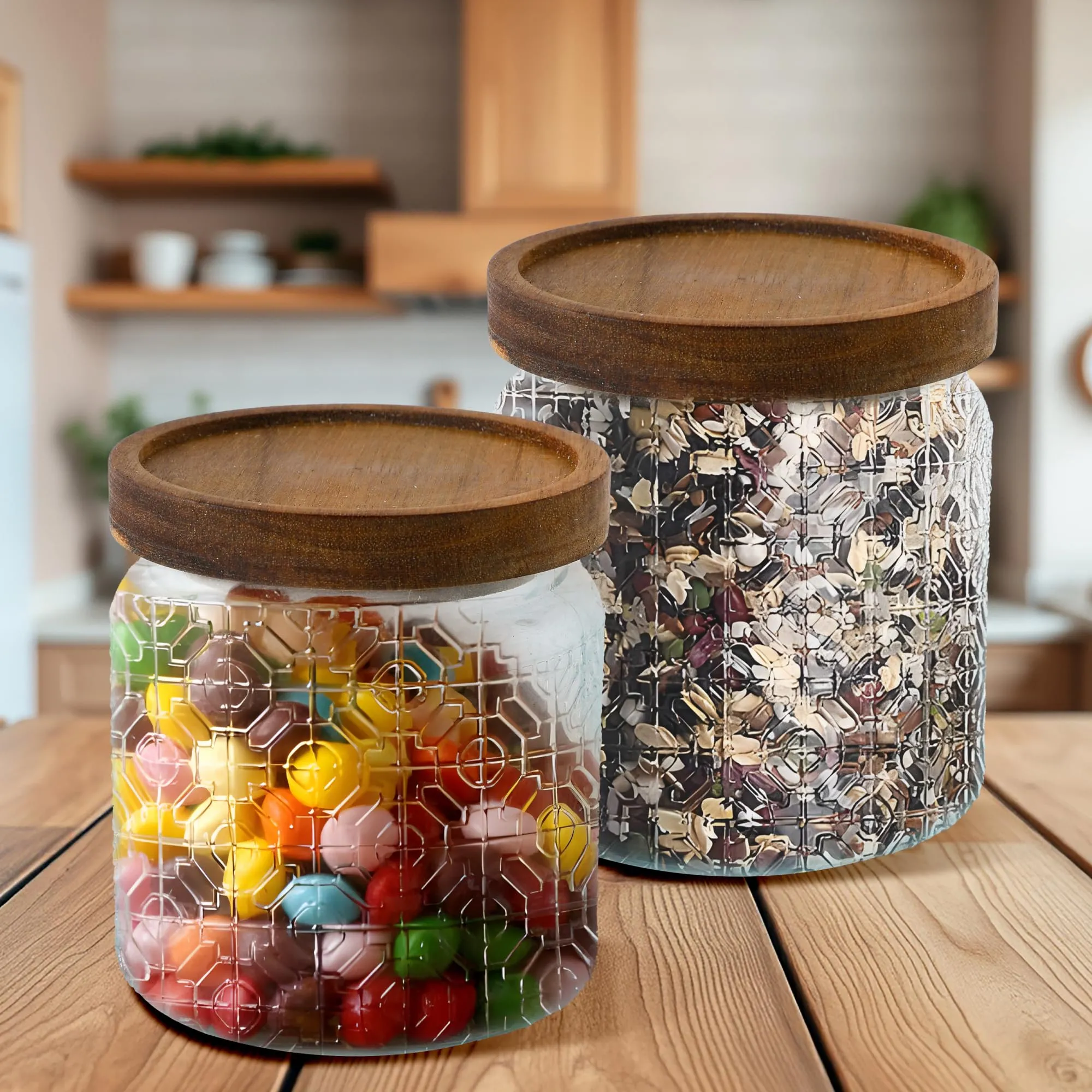 UMAI Glass Jar With Wooden Lid| Airtight Kitchen Containers Set for Kitchen| Storage Containers For Cookies/Snacks/Tea/Coffee/Sugar/Dry Fruits| Kitchen Organizer Items & Storage| Pack of 2-500 ml Each