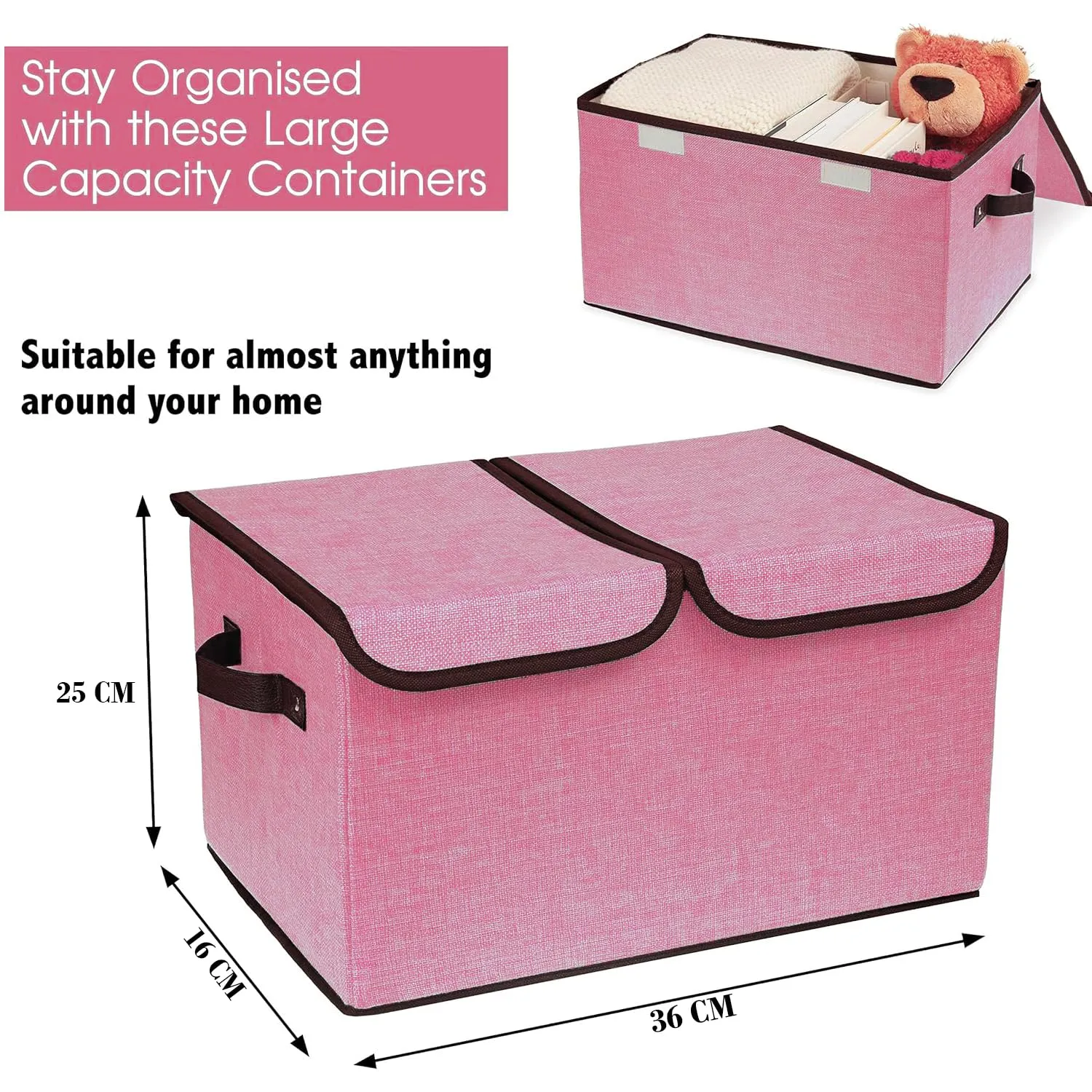 Urbane Home Double Lid Foldable Storage Box|Toys Storage Bin|Wardrobe Organizer For Clothes|Front Handle & Stackable (Pink)